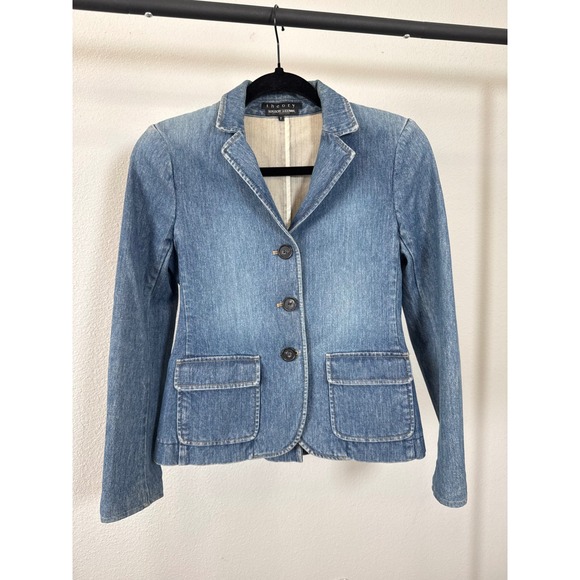 Theory Jackets & Blazers - Theory Denim Blazer Jacket Blue Wash Tailored Button Front Pockets Size 2